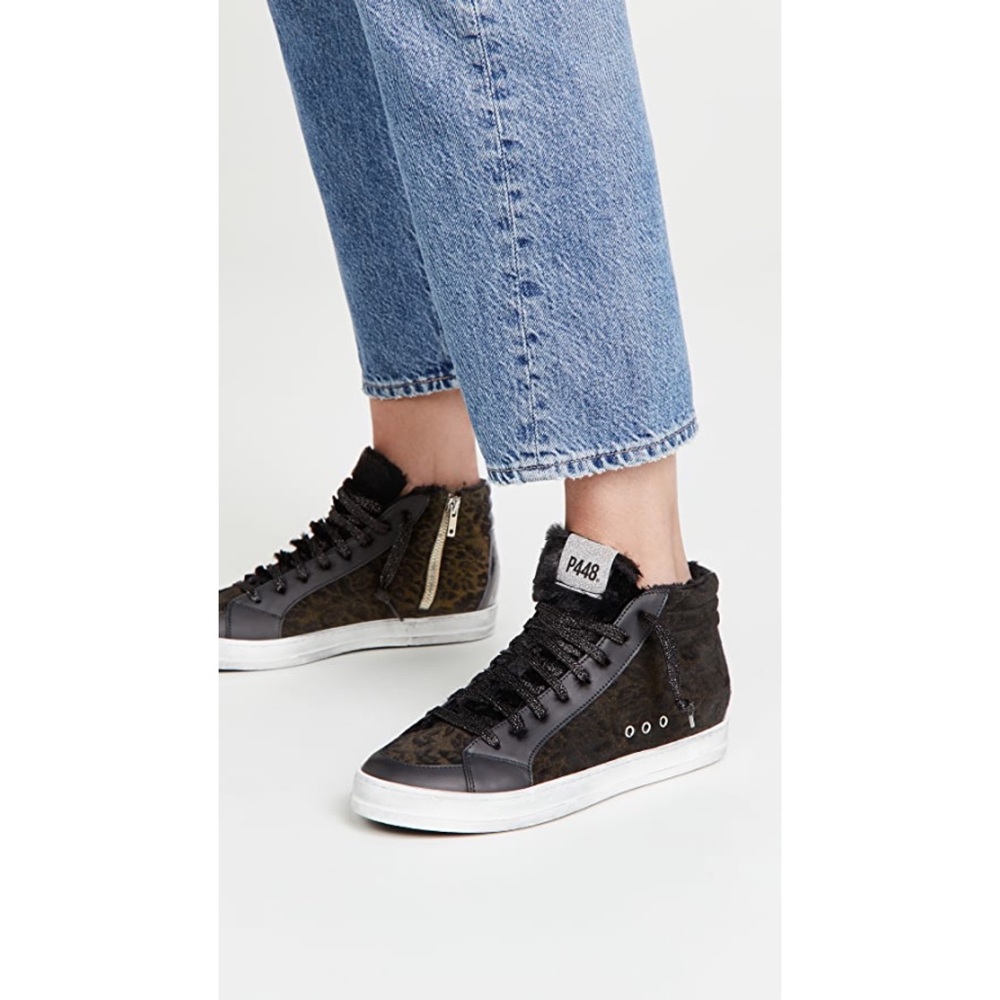 P448 Skate High Top Fur Shearling Leopard Silver Glitter Sneaker Shoes